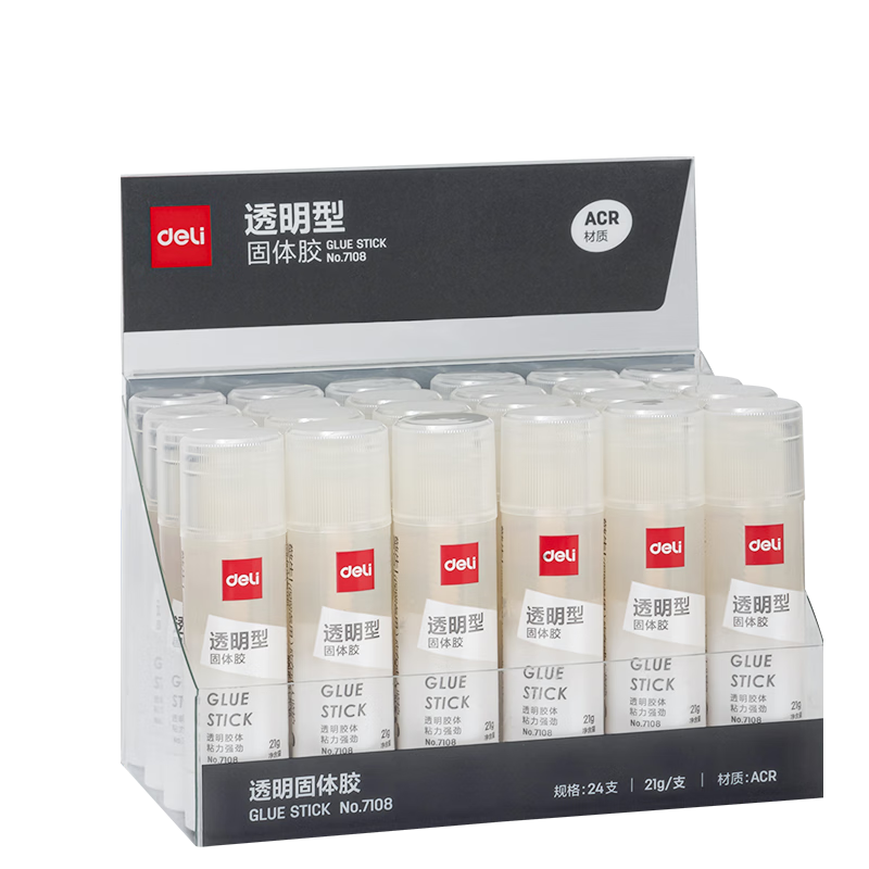 Deli 21g ACR Solid Glue Stick, High-Adhesive Jelly-Colored Transparent Glue Stick, Formaldehyde-Free Strong Adhesive, Student Stationery, 24 Pieces, Office Supplies, 7108