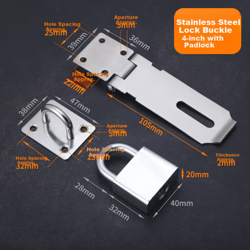 Chugong Stainless Steel Lock Latch with Padlock, Anti-Theft Bolt Door Bolt Door Nose Latch Door Catch, Stainless Steel Lock Latch with 40 Padlock 3