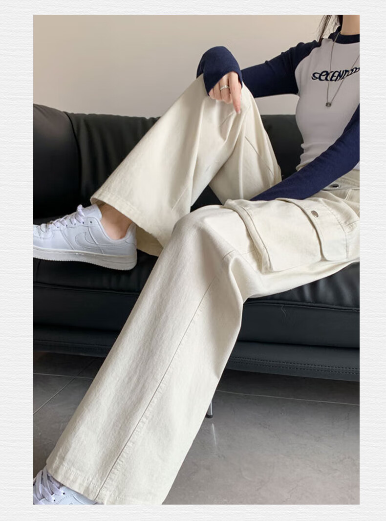 Langsha Women's Workwear Casual Cotton High-Waist Straight-Leg Trendy Pocket Wide-Leg American Style Spring Pants 22
