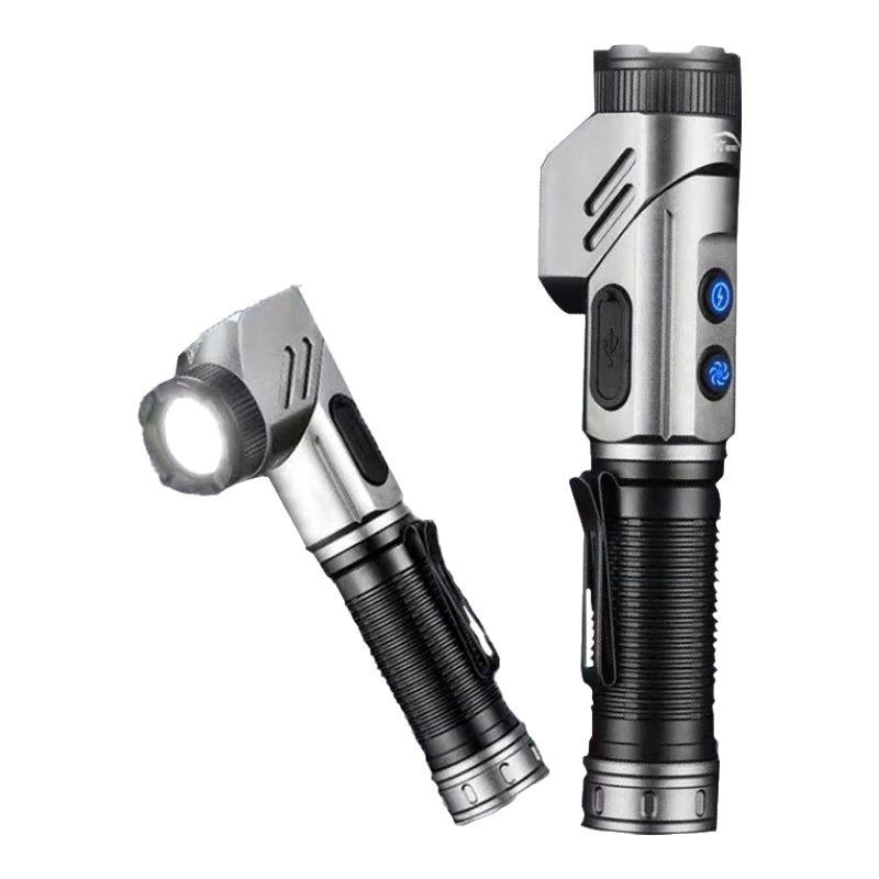 Zhaoshen L-Shaped Dual-Head Multifunctional High-Brightness Flashlight with Long Battery Life, Dual Light Sources, Portable Outdoor Patrol Flashlight, Magnetic Base Rechargeable Emergency Light - Silv