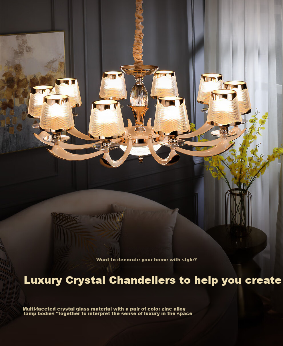 NVC , European And American Light Luxury Crystal Glass Voice-Controlled Smart Chandelier, Living Room Pendant Light, Dining Room Light Fixture, WHXD120F/G-01 2