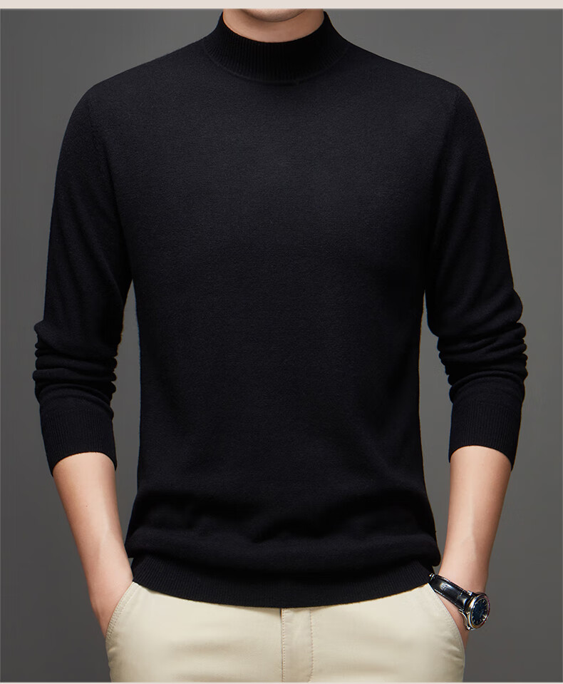 Hengyuanxiang Pure Wool Men's Autumn Winter Thin Half Turtleneck Knit Sweater Top Dark Red 175 21