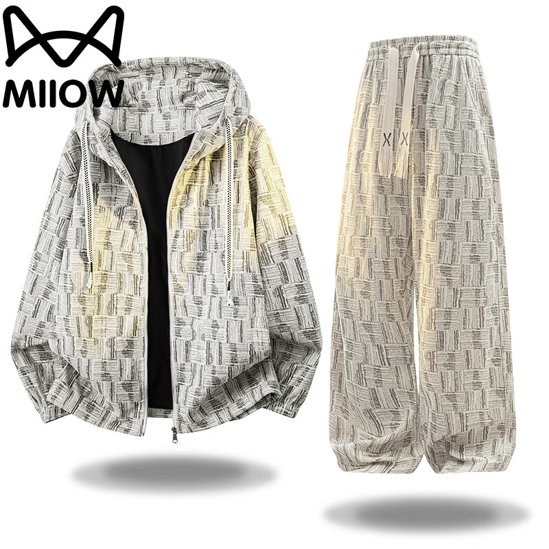 Miiow Men's Spring Autumn Sports Casual Hooded Long Sleeve Pants Two-Piece Set Beige 4XL