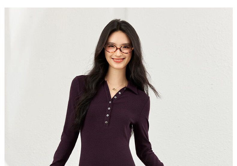 Fansiman Commuter Polo Collar Dress for Women Autumn New Slim Fit Shoulder Long Dress Mulberry Purple M 5