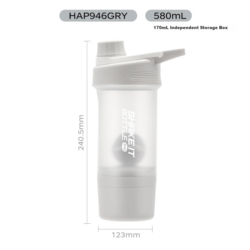 LOCK&LOCK Sports Shaker Bottle with Individual Storage Box, Portable Plastic Cup, Fitness Tea Water Bottle, Gray (580mL+170mL)