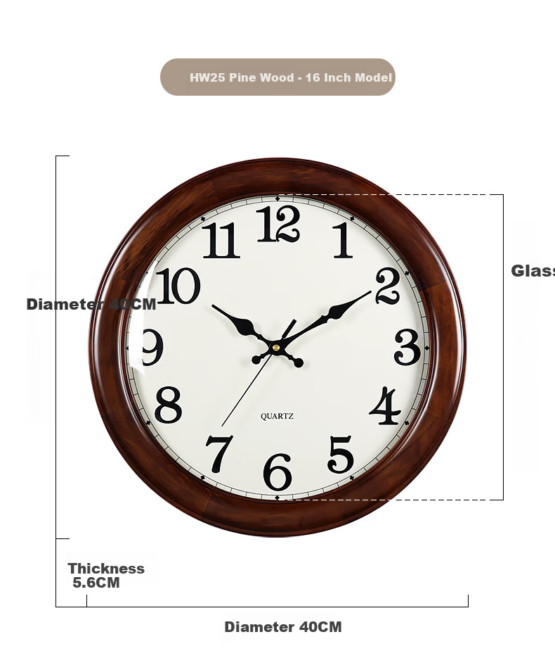 Hense Solid Wood Wall Clock, Stylish Living Room Clock, Creative Timepiece, Quartz Clock HW25, Brown, 16 Inches, 40cm 8