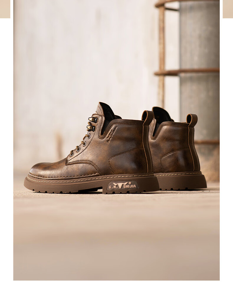 Bull Family Men's Autumn Winter New Retro British Martin Boots Fashion Versatile Work Boots Mid-High Lace-Up Leather Boots 19