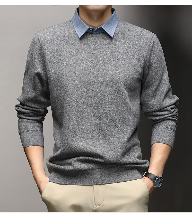 Hengyuanxiang Men's Autumn New Fake Two-Piece Knit Sweater, Business Casual Fleece-Lined Pullover for Young and Middle-Aged Men 15