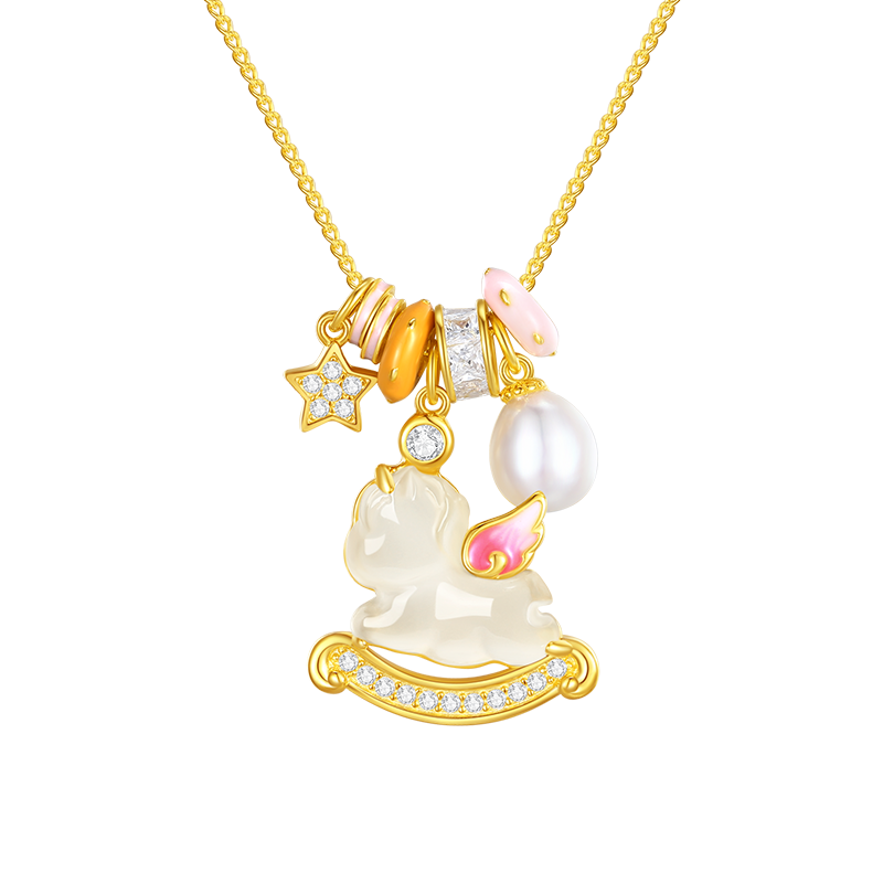 CHOW TAI SENG New Year Gift Unicorn Zodiac Horse Pendant Necklace for Women Silver S925 Enamel Pearl Necklace
