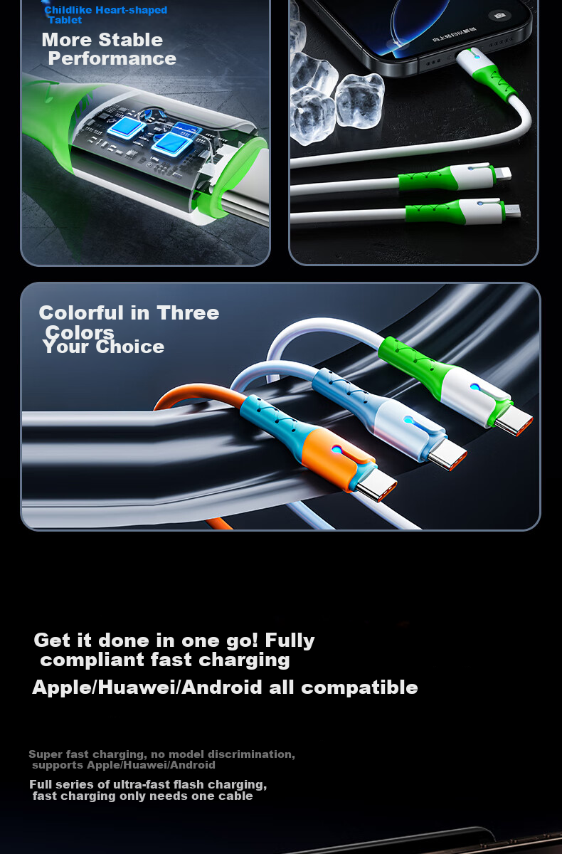 Aomake Three-In Charging Cable, Fast Charging Type-C Adapter for IPhone, Compatible with Xiaomi, OPPO, Samsung, Huawei, Vivo, Android Phones And Car Chargers 3