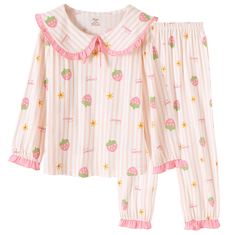 Dingguagua Girls' Pajamas, Pure Cotton Long-Sleeve Spring And Summer Sleepwear for Children And Toddlers, All-Cotton Home Wear Set, White, Size 150
