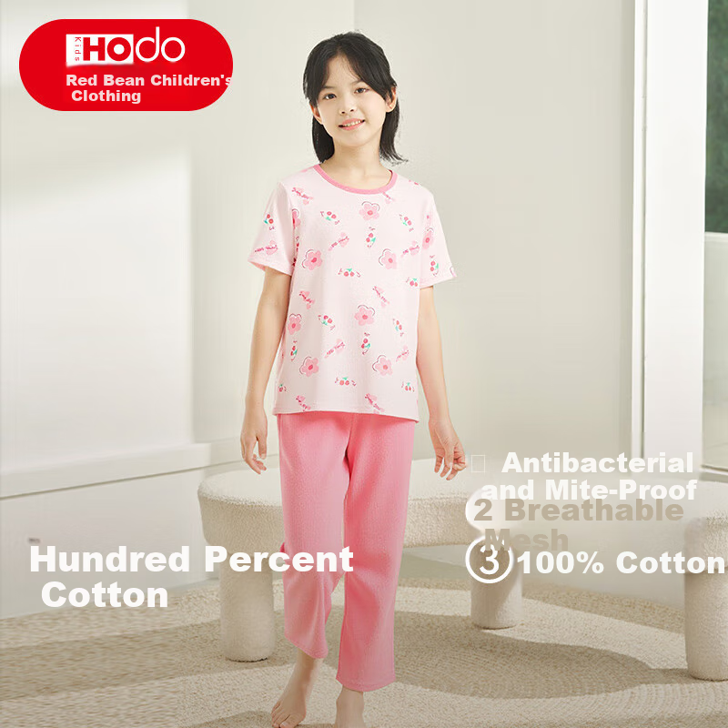 Детский пижамный комплект Hodo, 100% хлопок, для мальчиков и девочек, летний, тонкий, с коротким рукавом, J3358, ягодный красный, размер 140