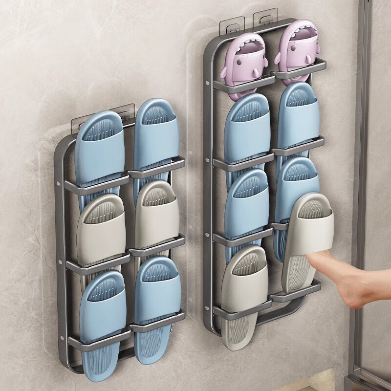 YOUQIN Bathroom Slipper Rack, No Drilling Required, Bathroom Storage Shelf, Shoe Organizer, Wall-Mounted, Behind-The Toilet, Water-Draining Hanger