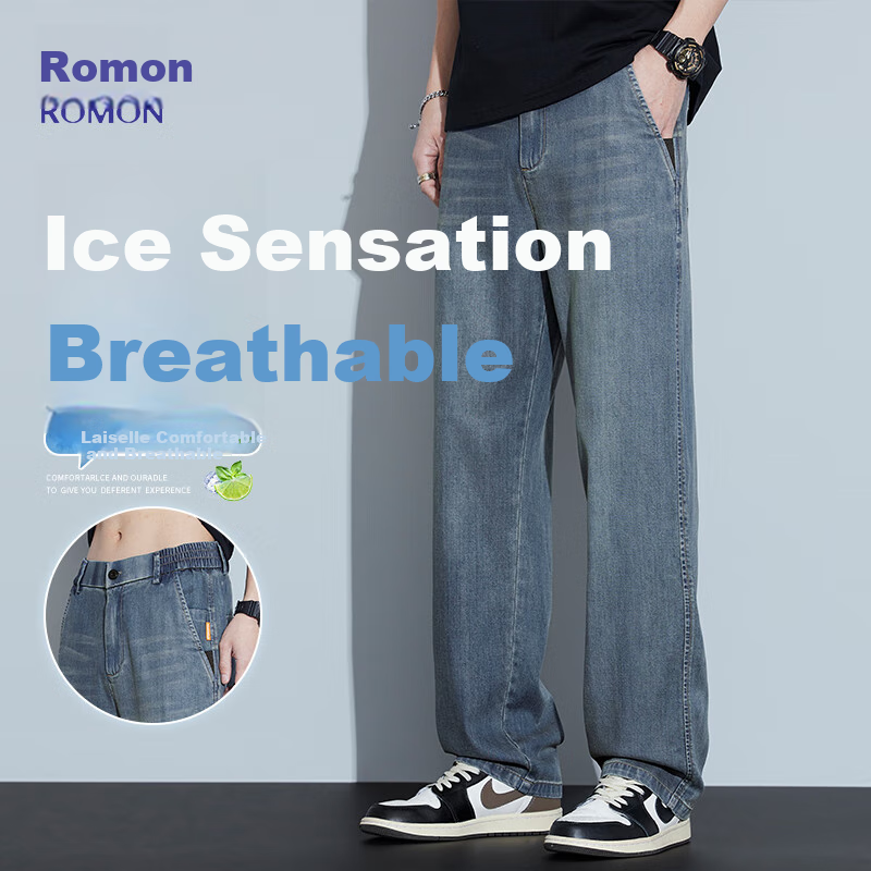 Luomeng [Tencel Lyocell] Мужские джинсы, зимние, дышащие, свободные, универсальные, прямые брюки, винтажный синий, размер 34