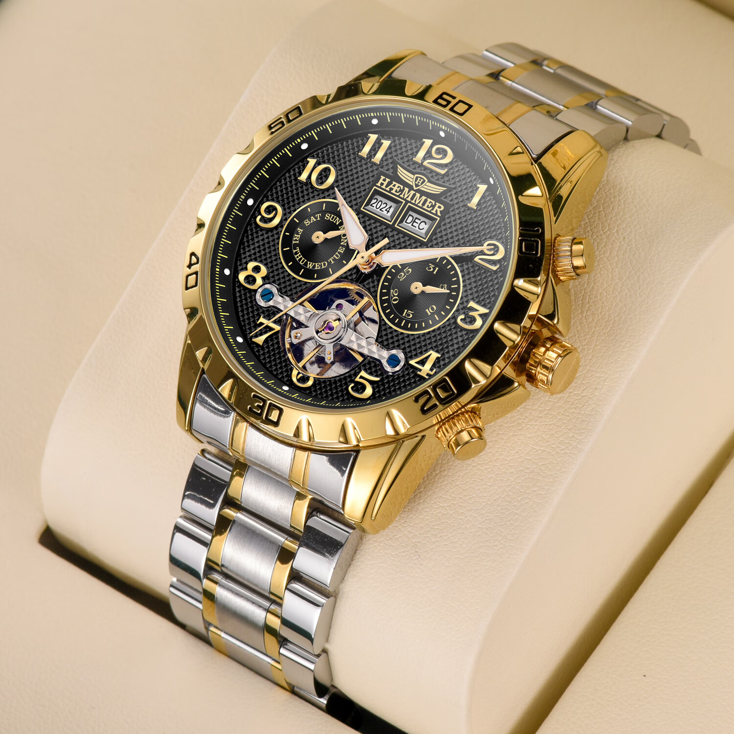 HAEMMER Men's Mechanical Skeleton Watch Perpetual Calendar Steel Band Luminous Ultra-thin Top 10 Brand Wristwatch Birthday Gift