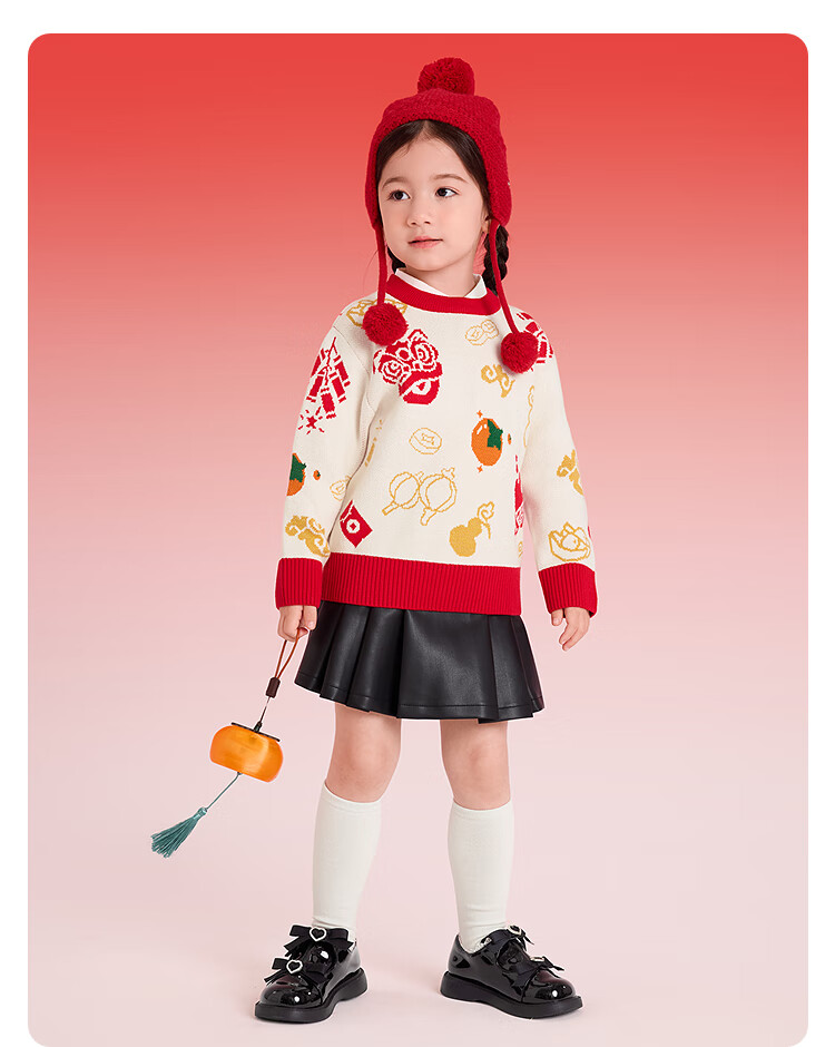 Balabala [balaOne] Children's Jacquard Trendy Sweater Red New Year Greeting Outfit Baby Style 5