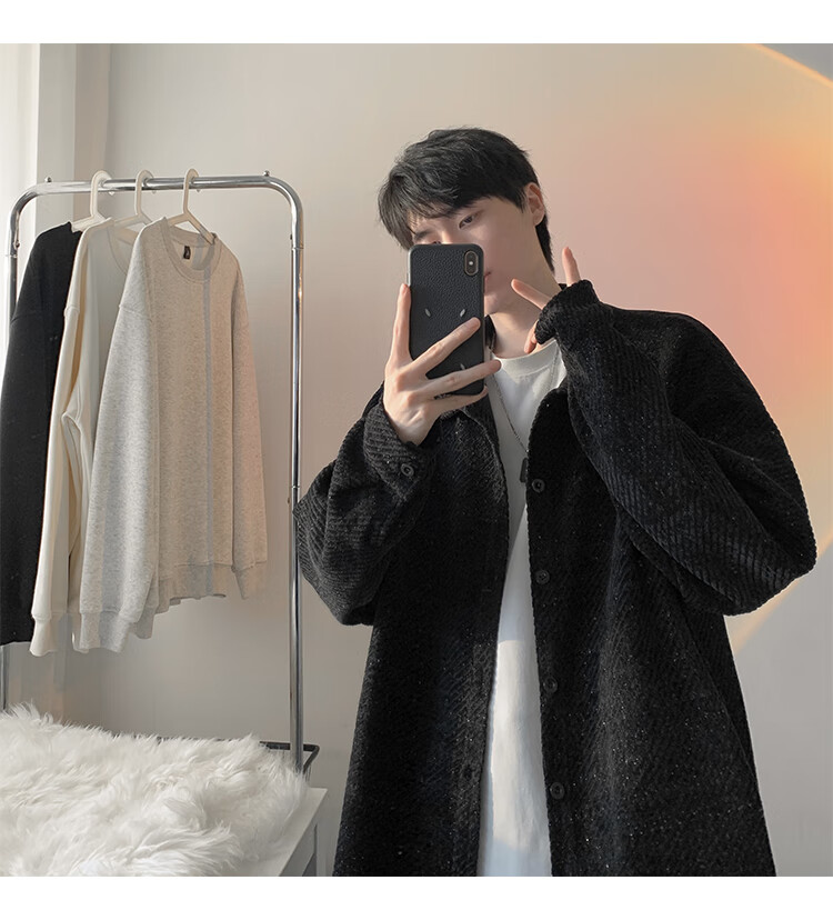 Dingfengbaoluo American Style Fishbone Pattern Jacket Men Autumn Lapel Loose Textured Casual Long Sleeve Shirt XJM65 Black M 18