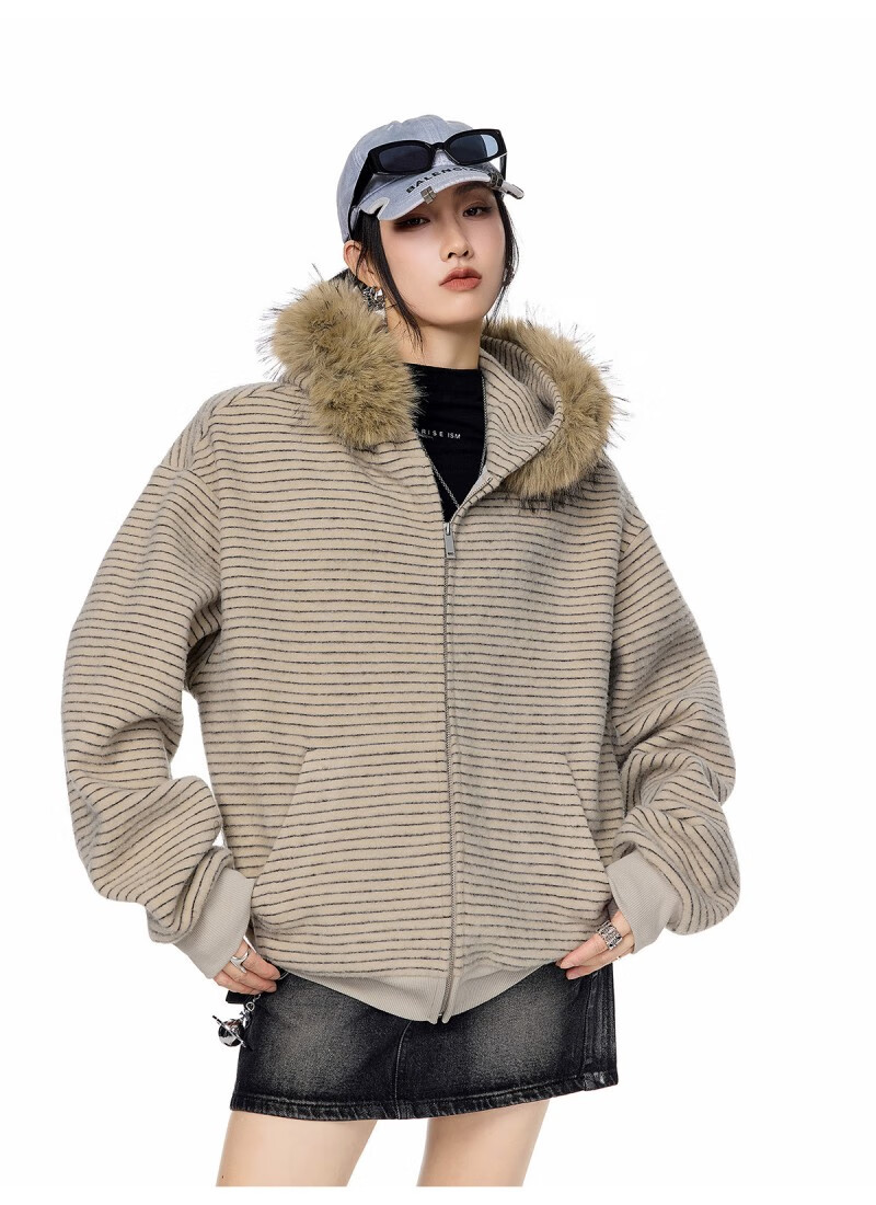 ICH MODE Women's American Style Hooded Striped Jacket with Fur Collar Autumn Winter New Zip-up Sweatshirt Cardigan Black M 20