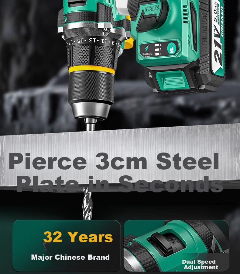 GREENER 21V Brushless Steel Cannon Lithium Drill, 55N.M Electric Drill, Rechargeable, Multi-Functional [Includes 27 Drill Bits] 8