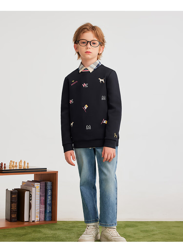 HAZZYS Brand Boys' Knitted Solid Color Double-Sided Embroidered Logo Sweatshirt, Spring New Style, Navy Blue, Size 130 7