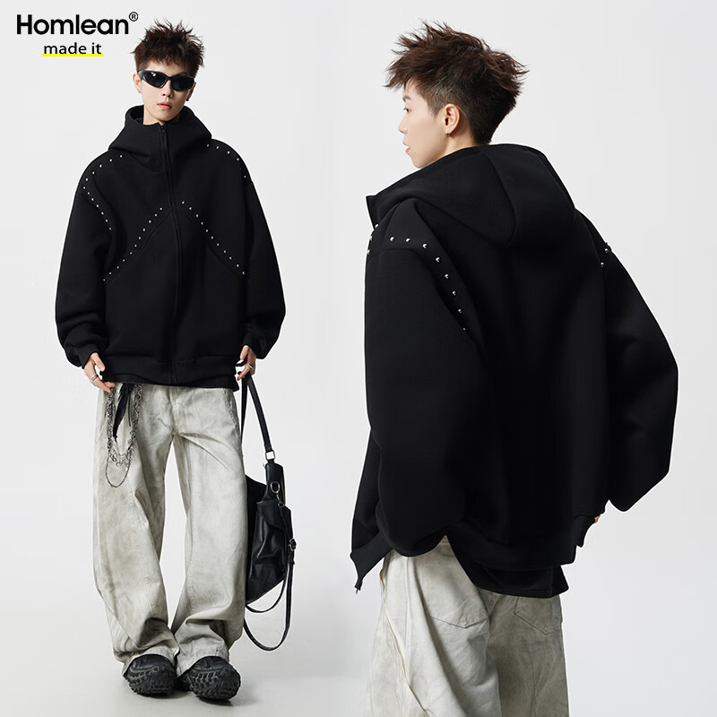 Homlean American Heavyweight Rivet Hooded Zip-Up Sweatshirt Men Autumn Trendy Loose Casual Jacket HX35 Black M