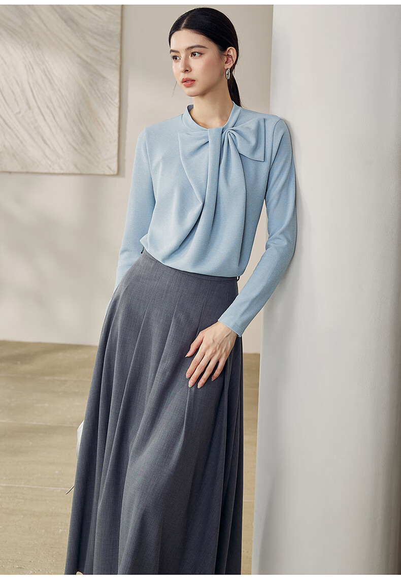 ROEYSHOUSE French Style Shiny Silk Bow Long Sleeve Knit T-Shirt for Women Spring 12691 Dark Blue M 15