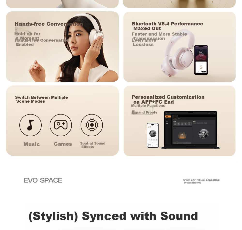 Manbuzhehuazai Evo Space Over-Ear Active Noise Cancelling Bluetooth Headphones, Bluetooth 5.4, Earth Brown, Dual Gold Certification, 93-Hour Battery Life, Compatible with Apple, Huawei, Xiaomi 4