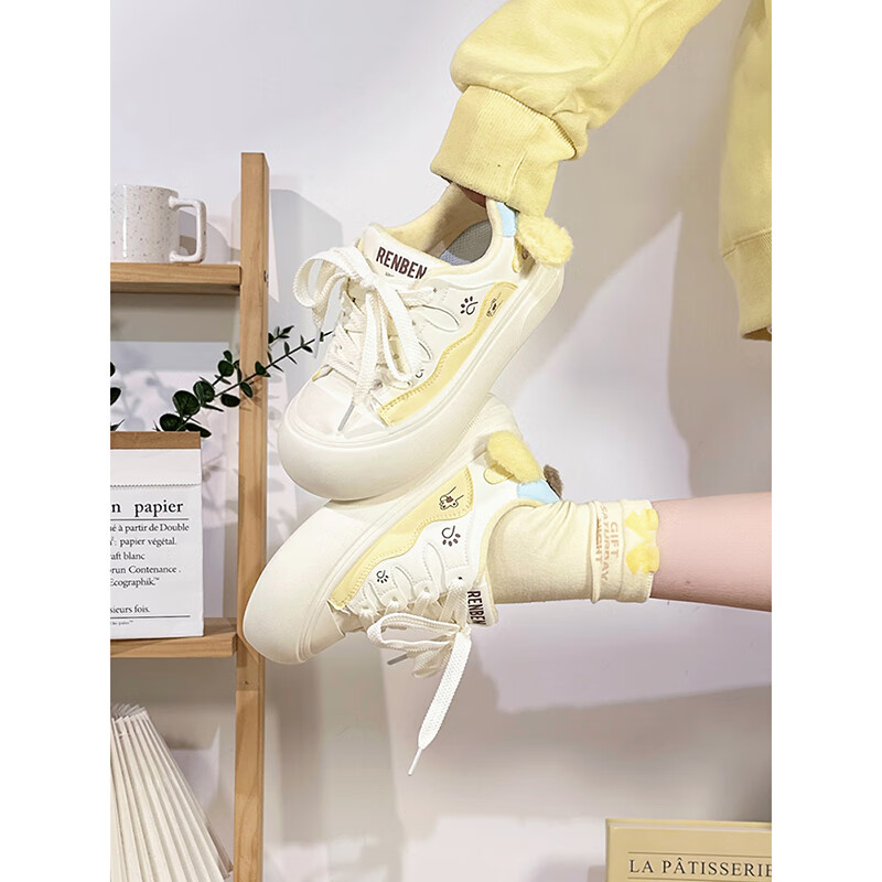 Renben Fleece-Lined White Sneakers for Women Cute Puppy Low-Top Original Casual Thick-Soled Warm Cotton Shoes Trendy Female
