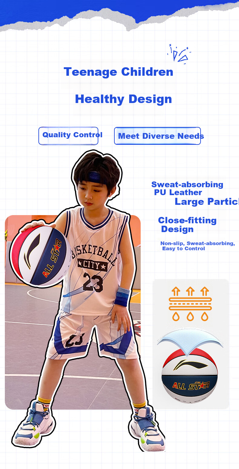 Li-Ning Basketball Size 5 for Children, Kindergarten, Elementary School Students, Indoor And Outdoor Use on Cement Courts, Youth Non-Slip Wear-Resistant PU Basketball, Blue Color 3
