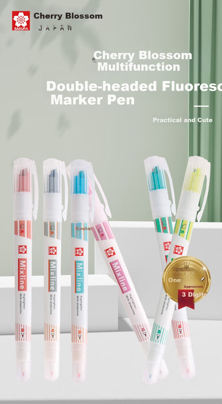 SAKURA Multifunctional Dual-Head Highlighter, 6 Colors, Planner Pen, Exam Review Marker, 3-Piece Set, Colorful 1