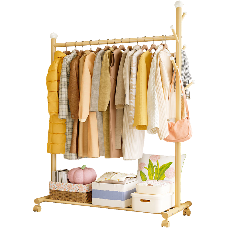Yicainianhua Clothes Drying Rack, Floor-Standing Indoor Movable Hanger, Bedroom Multifunctional Coat Rack, Balcony Drying Pole, 2006go