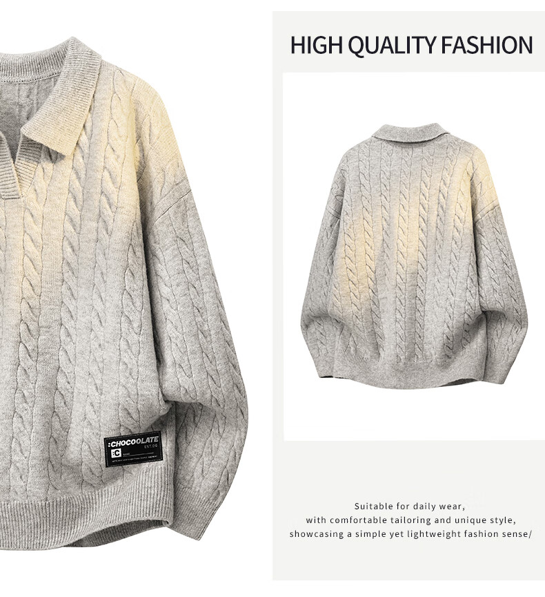 :CHOCOOLATE Vintage Style Polo Collar Knit Sweater Men Autumn New Trendy Loose Casual Pullover Morning Light Apricot 2XL 3