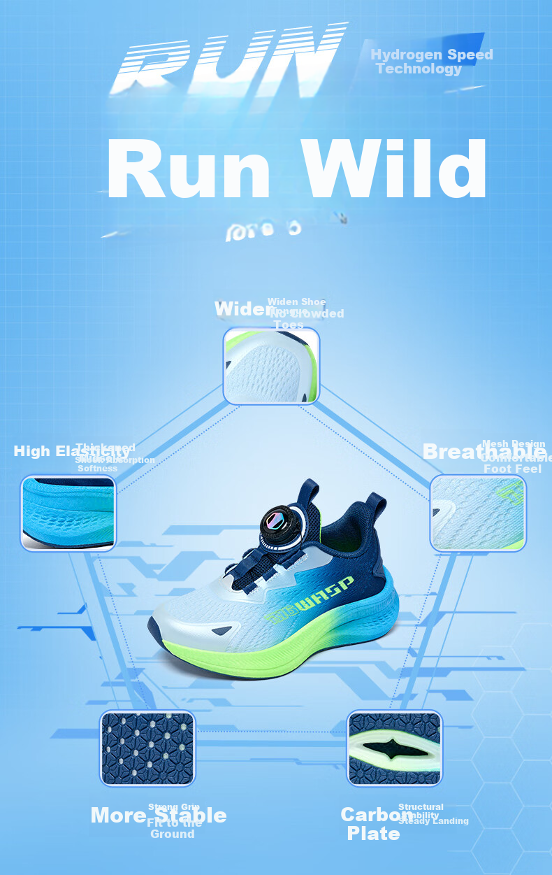 Bumblebee Kids Running Shoes 2026 Spring Boys Sports Shoes D112531690 Blue Fluorescent Green Size 36 4