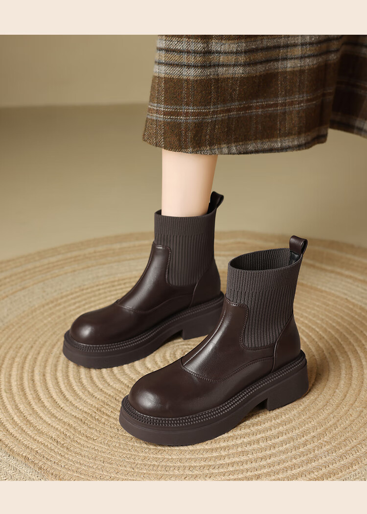 ZHR Elastic Socks Boots Women Autumn Winter Fleece Thick Sole Height Increasing Slimming Soft Sole British Short Boots EH255A Black 36 6