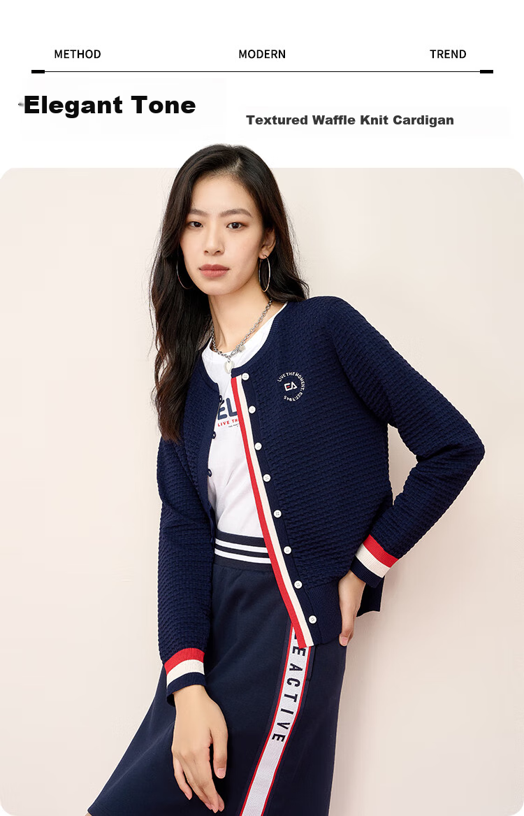 ELLE ACTIVE Waffle Texture Knit Cardigan for Women, Spring And Summer Contrasting Colors Elegant Slimming Comfortable Commuter Style Navy Blue S 1