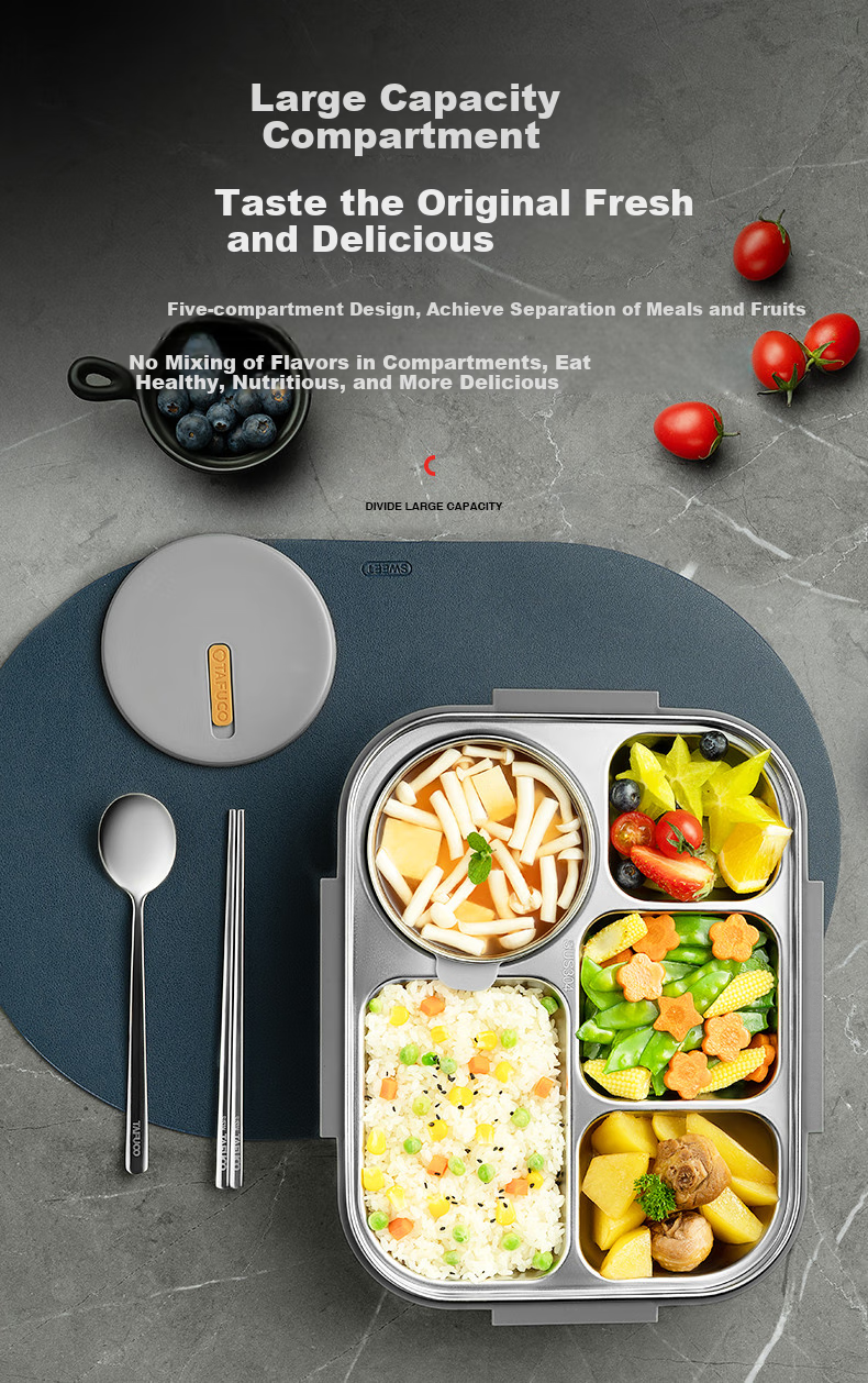 TAFUCO Lunch Box, 316 Stainless Steel Student Meal Tray with Compartments, Large Capacity Bento Box, Portable Lunch Box for Office Workers, T5354 2