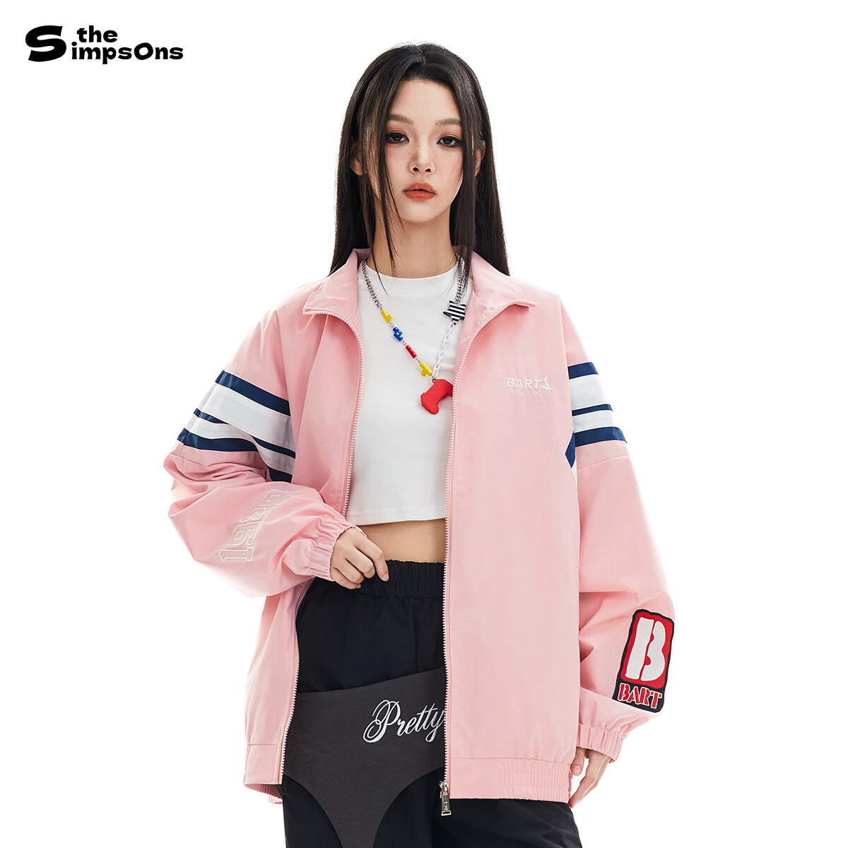 THE SIMPSONS Spring Autumn Casual Colorblock Patchwork Trendy Loose Unisex Jacket Pink Regular M