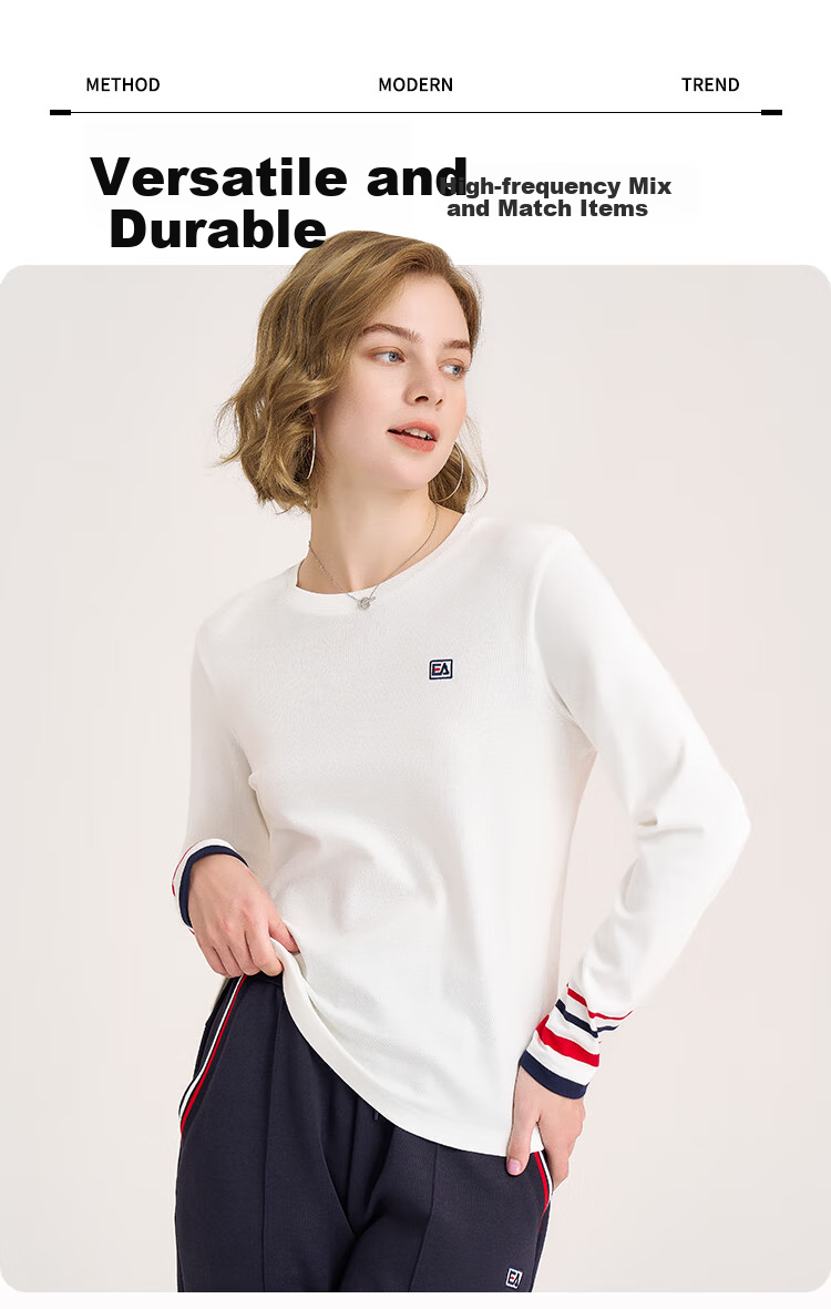 ELLE ACTIVE Fashion Versatile Round Neck Pure Cotton Long Sleeve T-Shirt for Women with Contrasting Cuffs, Soft Top Base Layer, White, XL 1