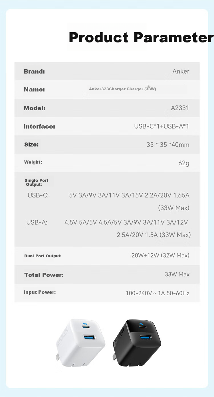 ANKE 33W Dual Port Charger PD Fast Charging Type-C Interface Compatible with 20W/30W Apple IPhone 18/17 Pro Max Phones Android Huawei Xiaomi USB Plug White 9