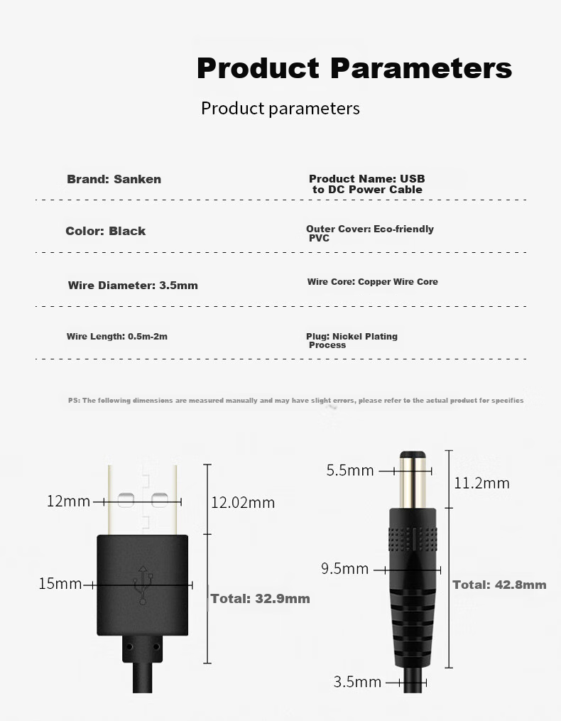 Sanlin Power Cable, USB to DC Round Hole Charging Cable, Adapter/Router/Lamp Power Cord, 5V USB to DC 5.5*2.5*1 Meter, SL-20USB 10