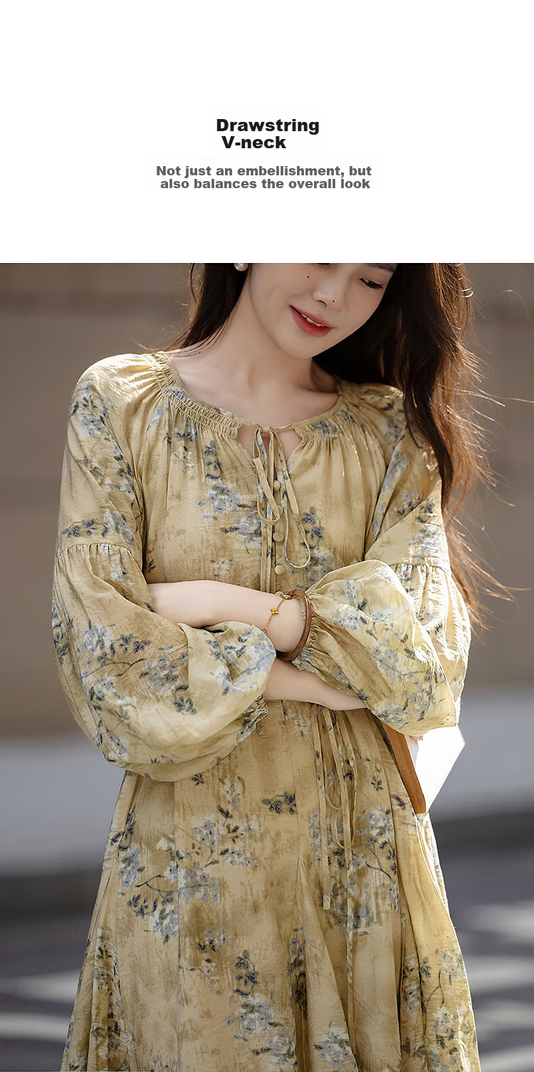 Dme [Chengye Manlv] Spring And Autumn Romantic Drawstring V-Neck Printed Lantern Sleeve Loose Waist Bag Buckle Women's Dress 3
