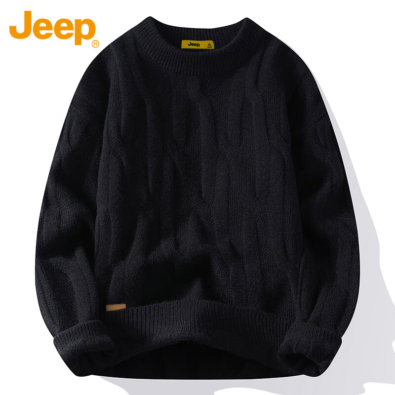 JEEP Men's Winter Thickened Crew Neck Sweater Loose Knitwear Black XL