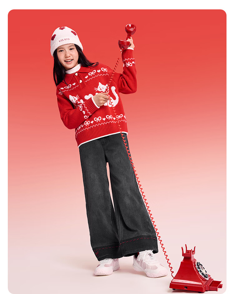 BALABALA 【balaOne】 Kids Sweater Girls Pullover Knitwear 2025 Autumn Winter Sweet New Year Outfit 4