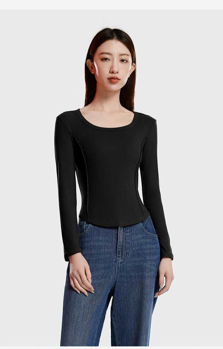 Zishuo Round Neck Fleece-Lined Slim Fit Thermal Base Layer Top Black M 2