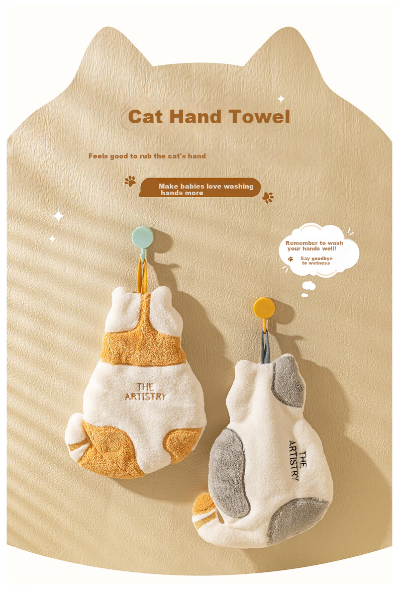 Fanyejia Cat Hand Towel, Hanging Absorbent Cartoon Cute Kitchen Bathroom Home Multi-Purpose Handkerchief Small Towel Quick-Drying 1