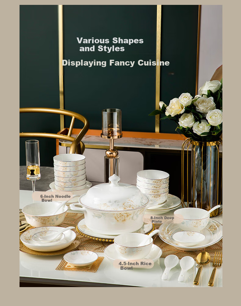 Yichen Jingdezhen Ceramic Tableware, 4.5-Inch Rice Bowl, Complete Set for Home Use, European Style Bowls And Plates, Golden Branches And Jade Leaves 7
