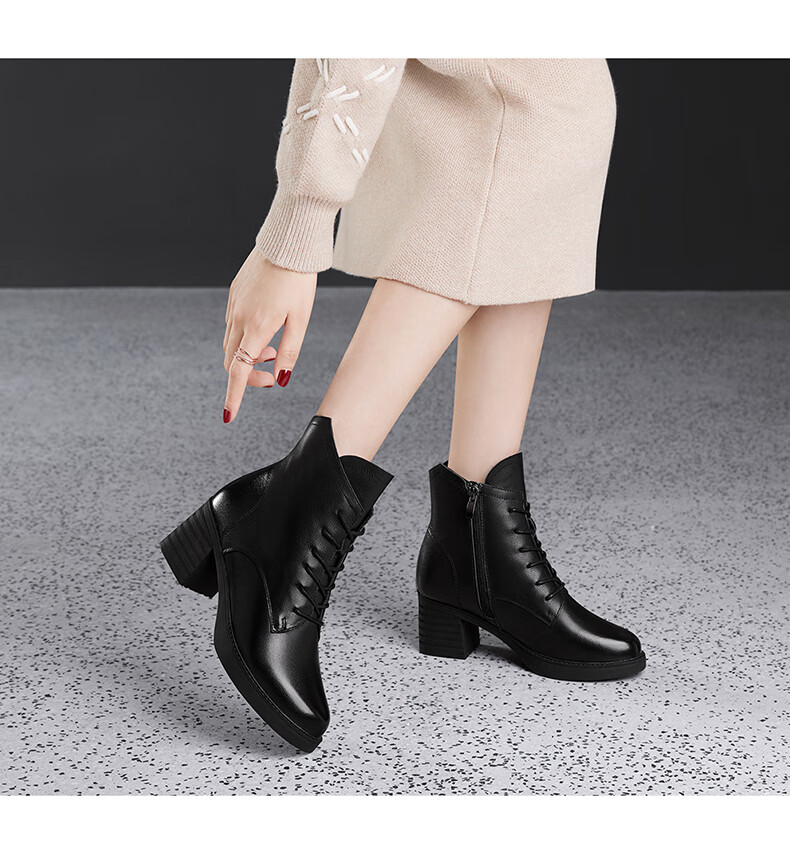 FUGUINIAO Genuine Leather Cowhide Fashion Boots for Women Autumn Winter Fleece Lined Warm Short Boots Round Toe Chunky High Heels Short Plush Size 39 1
