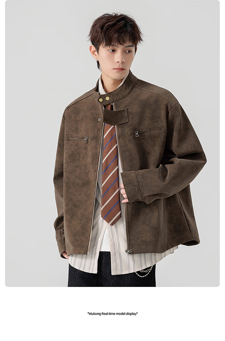 Foss Phil Men's Autumn Winter American Vintage Loose Casual Stand Collar Tie-Dye Leather Jacket J5238 Brown XL 12