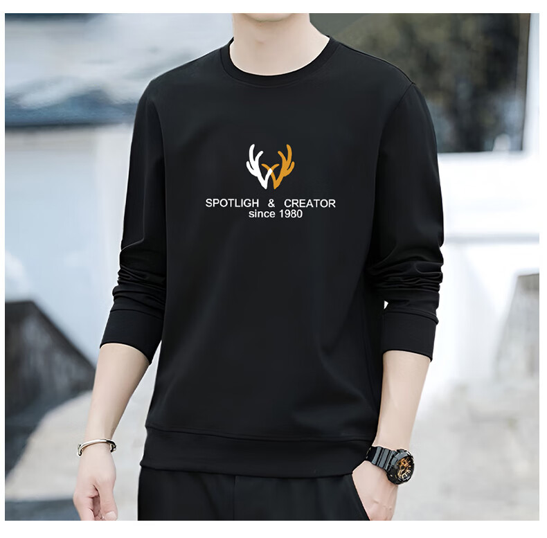 VANCAMEL Men's Autumn Casual Solid Color Crew Neck Long Sleeve Sweatshirt Black L 1