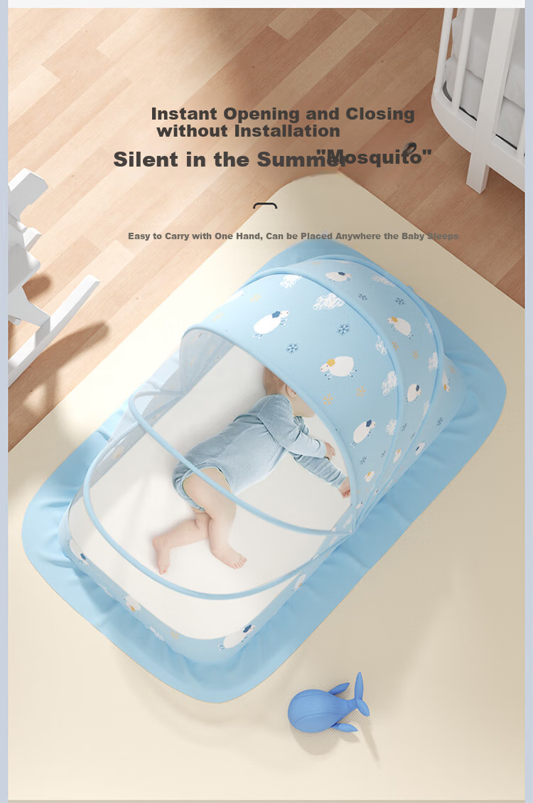 AVIVI Baby Mosquito Net, Child Fall Prevention, Mongolian Foldable Mosquito Net, Blue Sheep Design, Large Size [No Installation Required] 2
